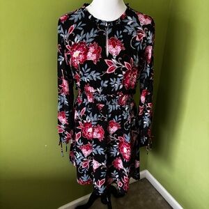 LOFT Black Floral Dress with Smocked Waist